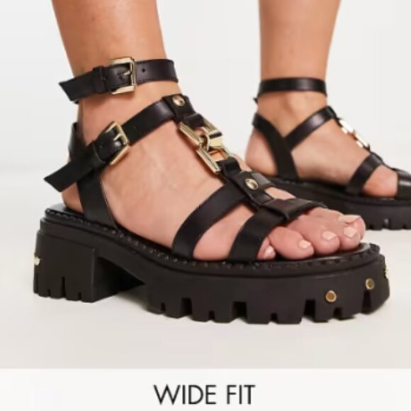 ASOS Design Forrest Leather Chunky Strappy Sandals Black and Gold | size 12 Wide - Picture 1 of 5